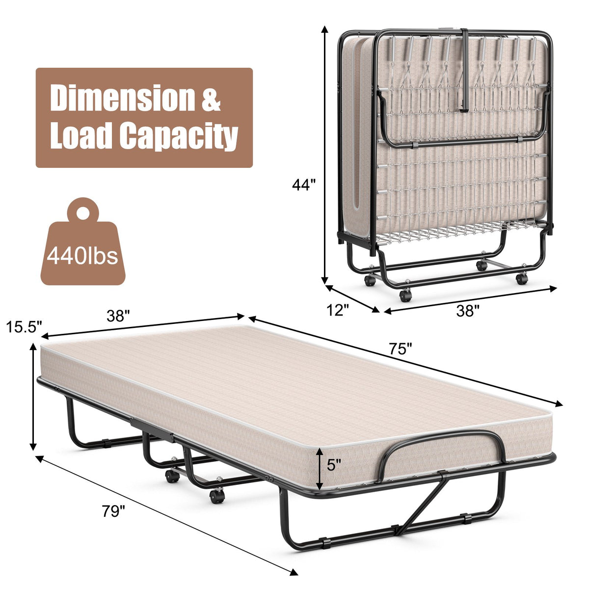 Rollaway Guest Bed with Sturdy Steel Frame and Memory Foam Mattress Made in Italy-Beige view 5