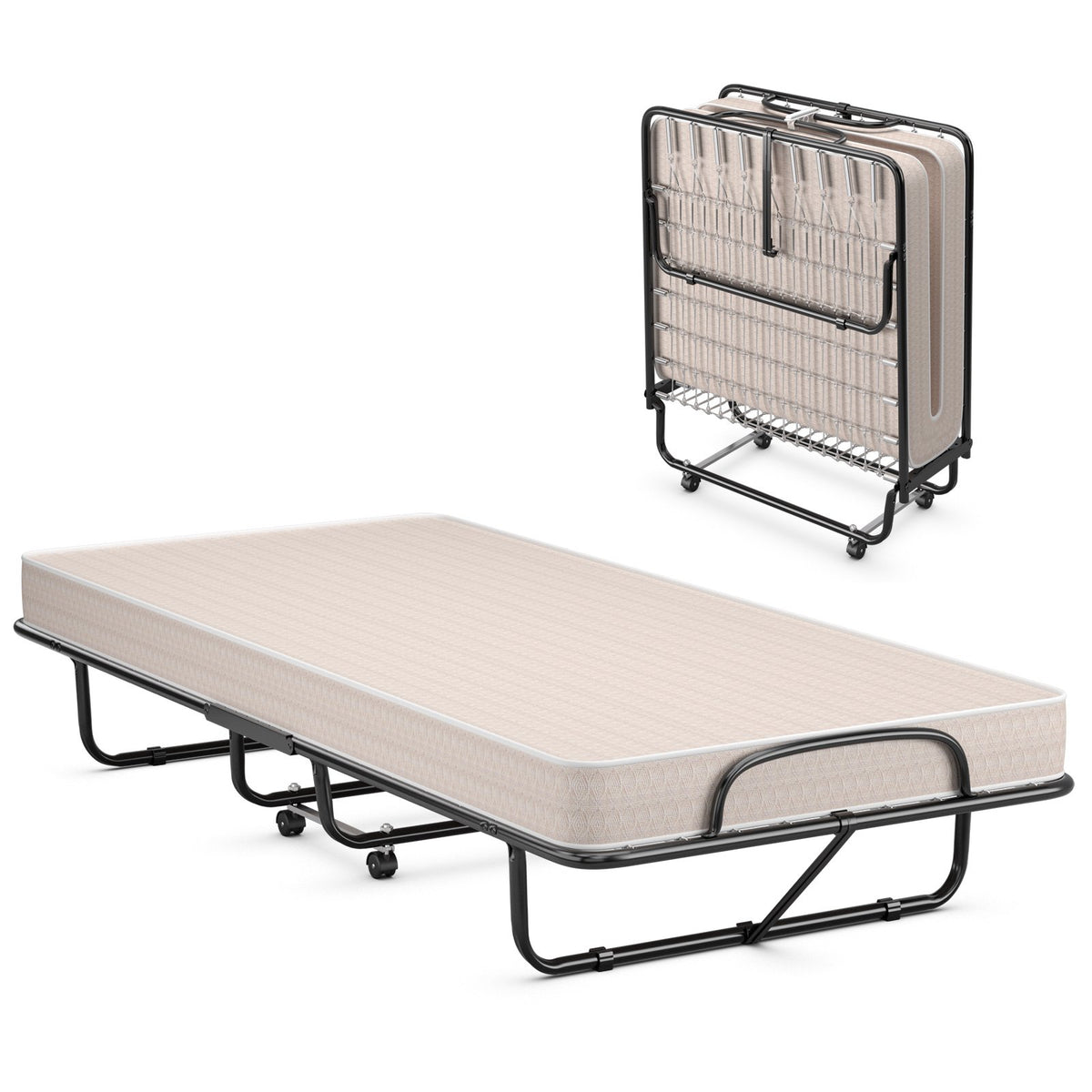 Rollaway Guest Bed with Sturdy Steel Frame and Memory Foam Mattress Made in Italy-Beige view 9