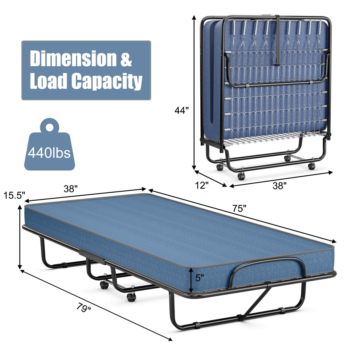 Rollaway Guest Bed with Sturdy Steel Frame and Memory Foam Mattress Made in Italy-Navy view 4