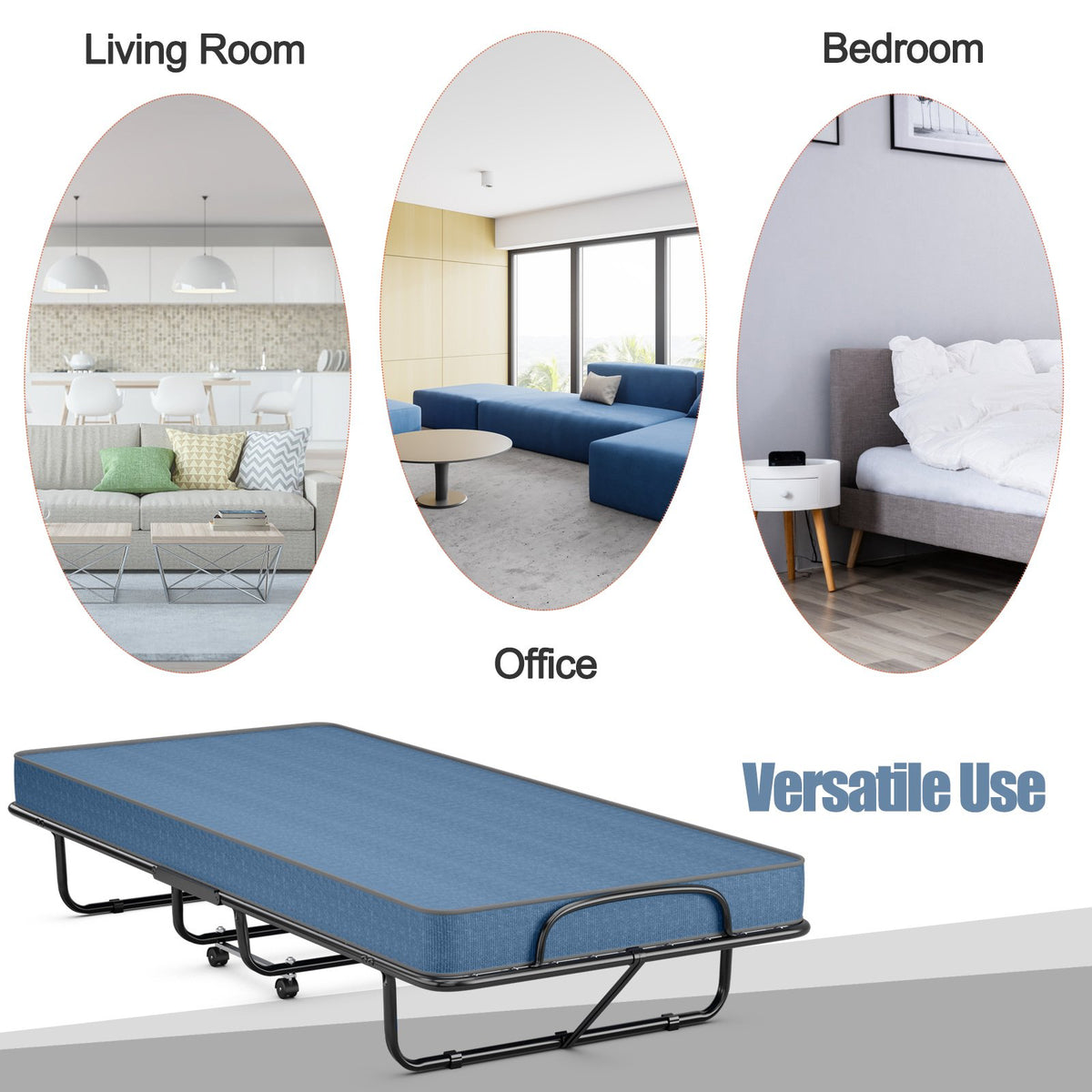 Rollaway Guest Bed with Sturdy Steel Frame and Memory Foam Mattress Made in Italy-Navy view 5