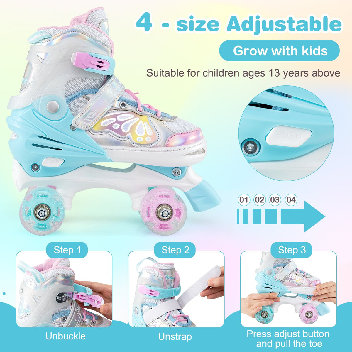 Roller Skates for Teens 4 Sizes Adjustable with Light-up Wheels for Boys Girls Ages 13+-Blue view 7