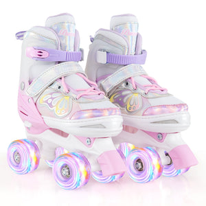 Roller Skates for Teens 4 Sizes Adjustable with Light-up Wheels for Boys Girls Ages 13+-Light Pink