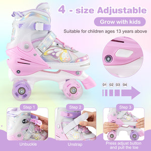 Roller Skates for Teens 4 Sizes Adjustable with Light-up Wheels for Boys Girls Ages 13+-Light Pink view 7