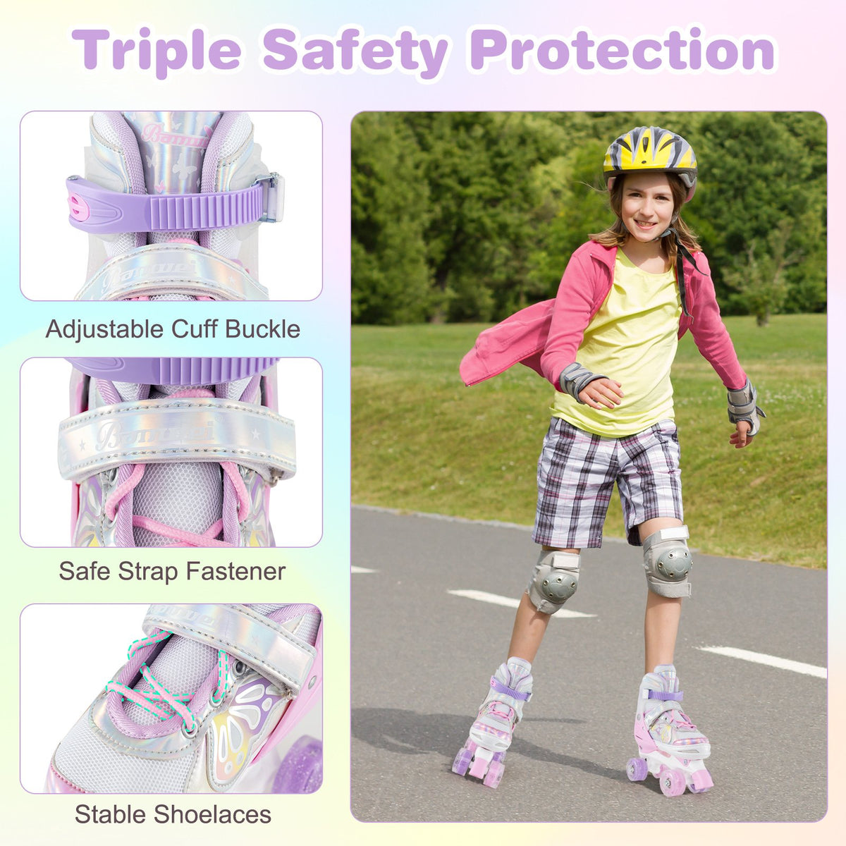 Roller Skates for Teens 4 Sizes Adjustable with Light-up Wheels for Boys Girls Ages 13+-Light Pink view 8