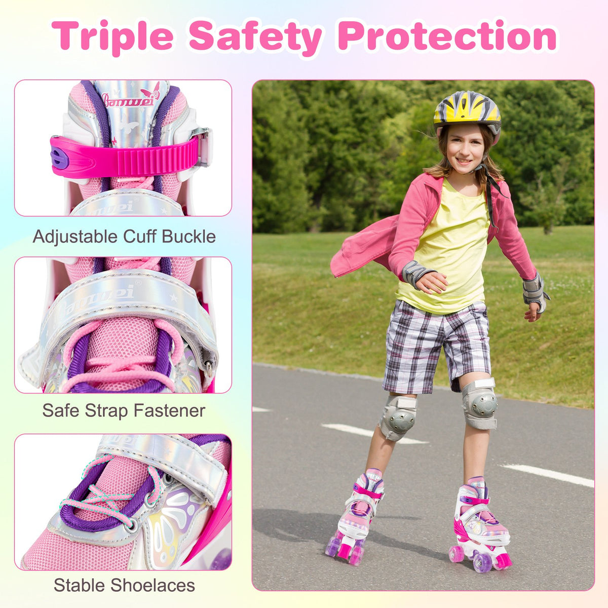Roller Skates for Teens 4 Sizes Adjustable with Light-up Wheels for Boys Girls Ages 13+-Rose Red view 8