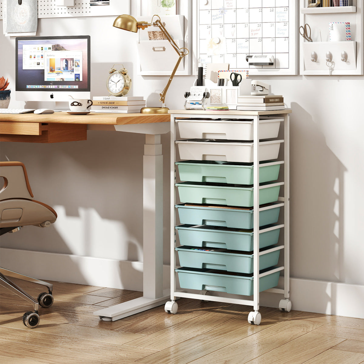 Rolling Cart with 8 Drawers and Wooden Tabletop with Lockable Wheels for Home Office-Green Gradient + Natural view 2