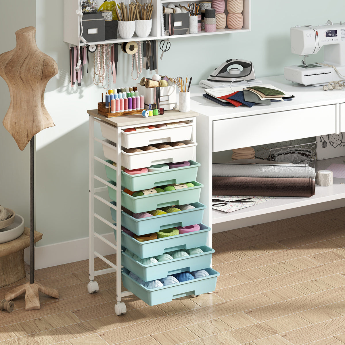 Rolling Cart with 8 Drawers and Wooden Tabletop with Lockable Wheels for Home Office-Green Gradient + Natural view 3