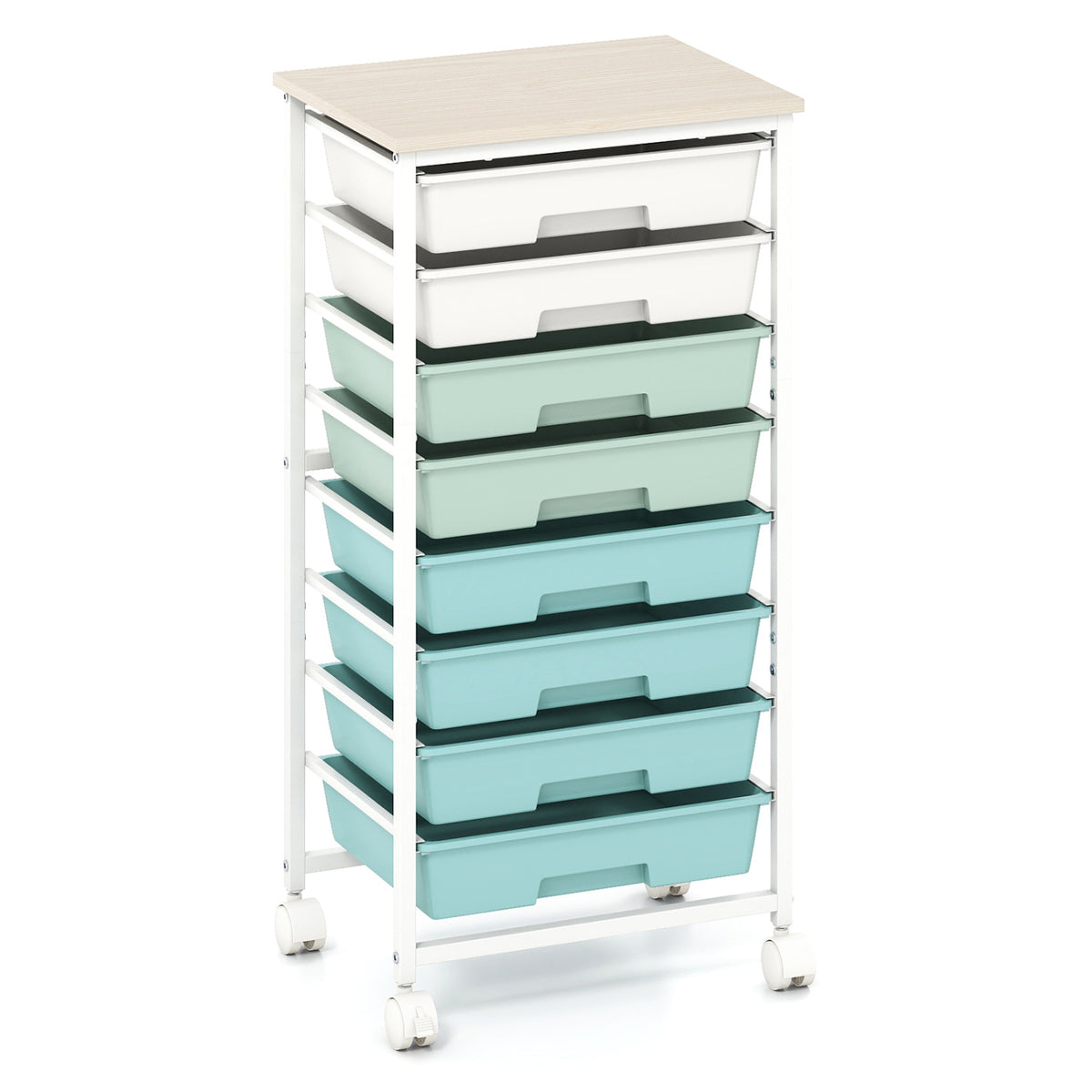 Rolling Cart with 8 Drawers and Wooden Tabletop with Lockable Wheels for Home Office-Green Gradient + Natural view 4