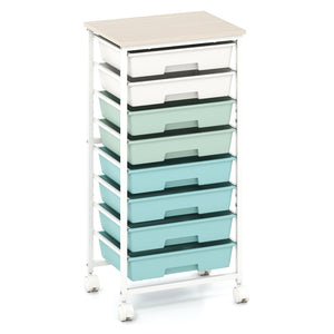 Rolling Cart with 8 Drawers and Wooden Tabletop with Lockable Wheels for Home Office-Green Gradient + Natural view 4