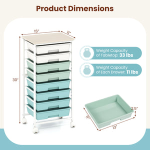 Rolling Cart with 8 Drawers and Wooden Tabletop with Lockable Wheels for Home Office-Green Gradient + Natural view 5