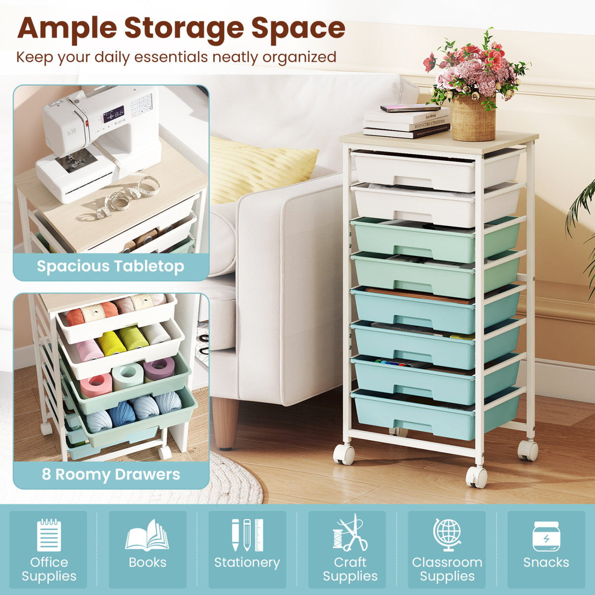 Rolling Cart with 8 Drawers and Wooden Tabletop with Lockable Wheels for Home Office-Green Gradient + Natural view 6