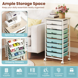 Rolling Cart with 8 Drawers and Wooden Tabletop with Lockable Wheels for Home Office-Green Gradient + Natural view 6