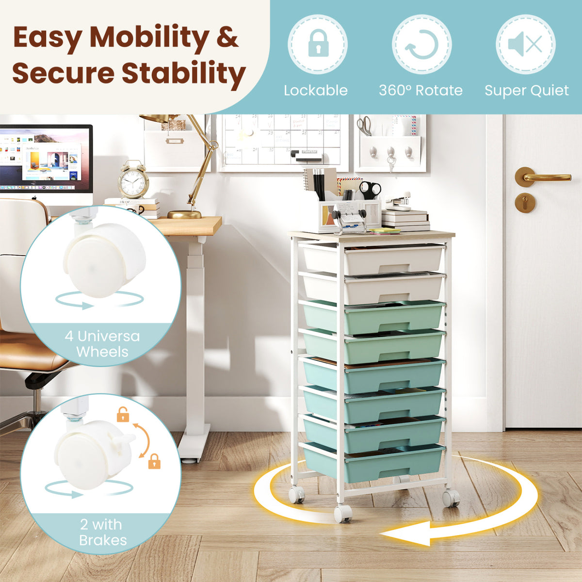 Rolling Cart with 8 Drawers and Wooden Tabletop with Lockable Wheels for Home Office-Green Gradient + Natural view 7