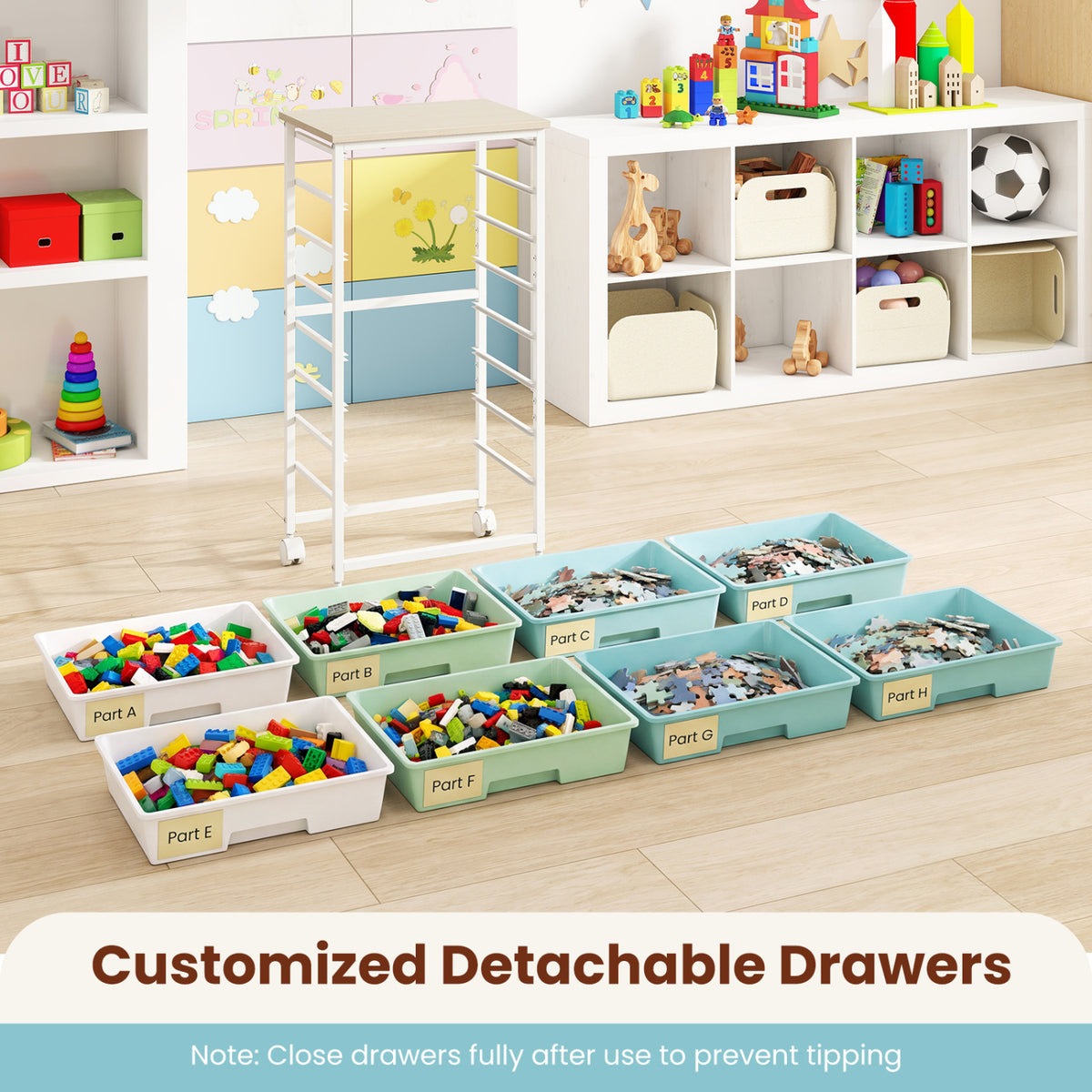 Rolling Cart with 8 Drawers and Wooden Tabletop with Lockable Wheels for Home Office-Green Gradient + Natural view 8