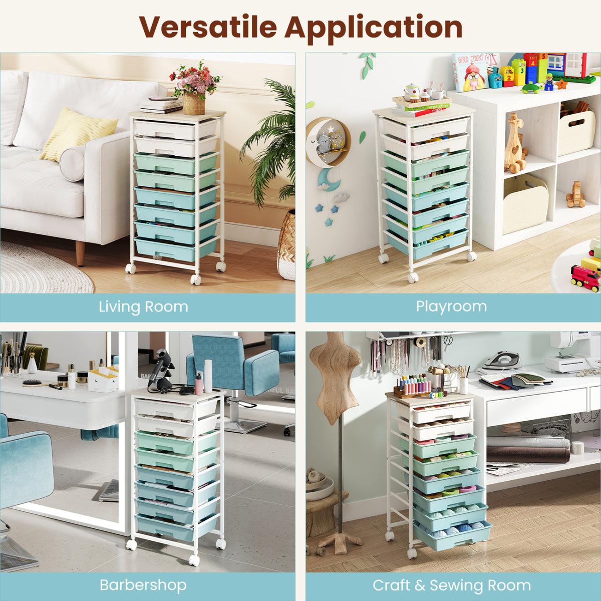 Rolling Cart with 8 Drawers and Wooden Tabletop with Lockable Wheels for Home Office-Green Gradient + Natural view 9