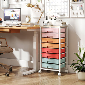 Rolling Cart with 8 Drawers and Wooden Tabletop with Lockable Wheels for Home Office-Macaron + Natural view 2