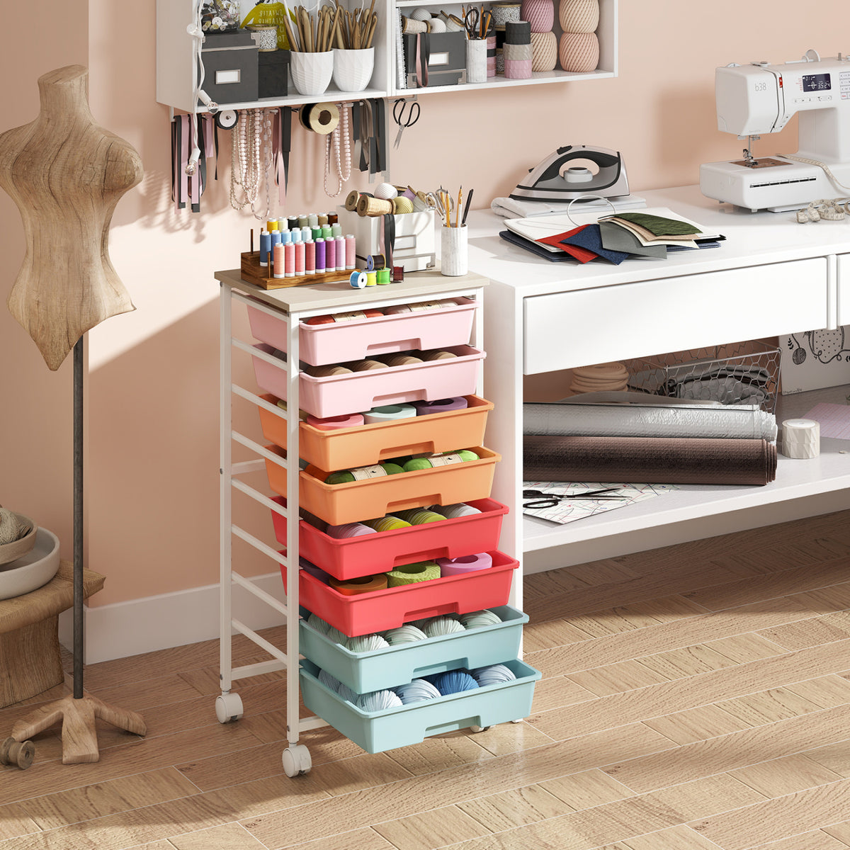 Rolling Cart with 8 Drawers and Wooden Tabletop with Lockable Wheels for Home Office-Macaron + Natural view 3