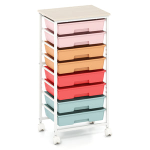 Rolling Cart with 8 Drawers and Wooden Tabletop with Lockable Wheels for Home Office-Macaron + Natural view 4