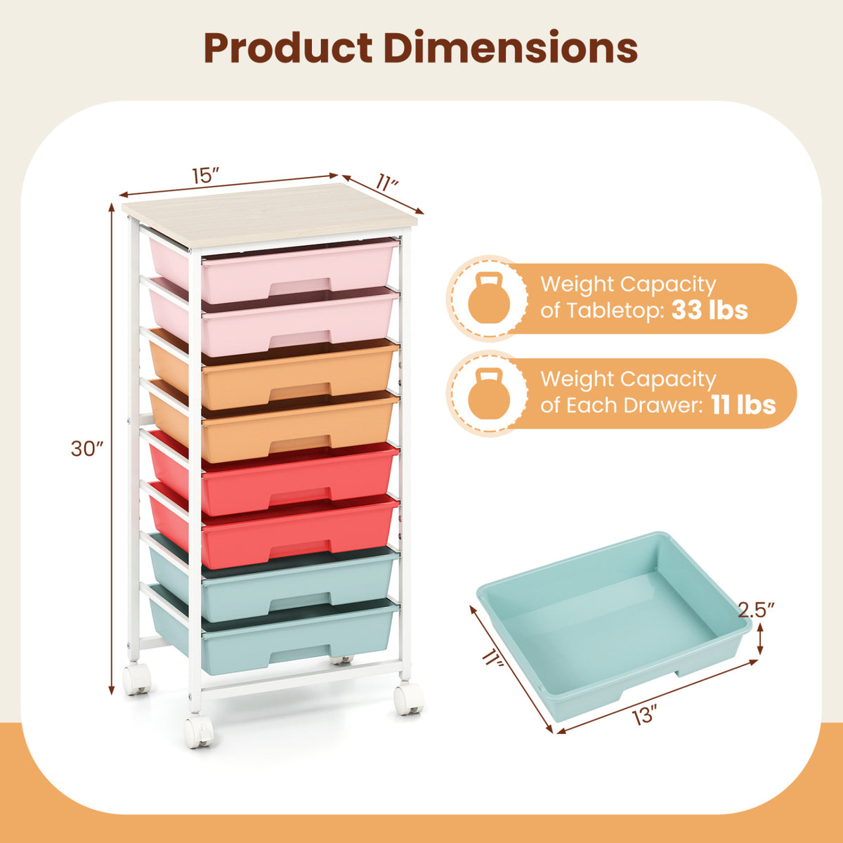 Rolling Cart with 8 Drawers and Wooden Tabletop with Lockable Wheels for Home Office-Macaron + Natural view 5