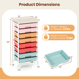 Rolling Cart with 8 Drawers and Wooden Tabletop with Lockable Wheels for Home Office-Macaron + Natural view 5