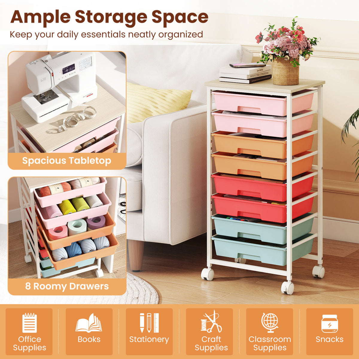 Rolling Cart with 8 Drawers and Wooden Tabletop with Lockable Wheels for Home Office-Macaron + Natural view 6