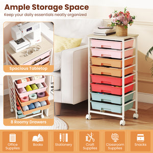 Rolling Cart with 8 Drawers and Wooden Tabletop with Lockable Wheels for Home Office-Macaron + Natural view 6