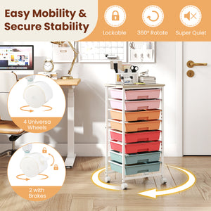 Rolling Cart with 8 Drawers and Wooden Tabletop with Lockable Wheels for Home Office-Macaron + Natural view 7