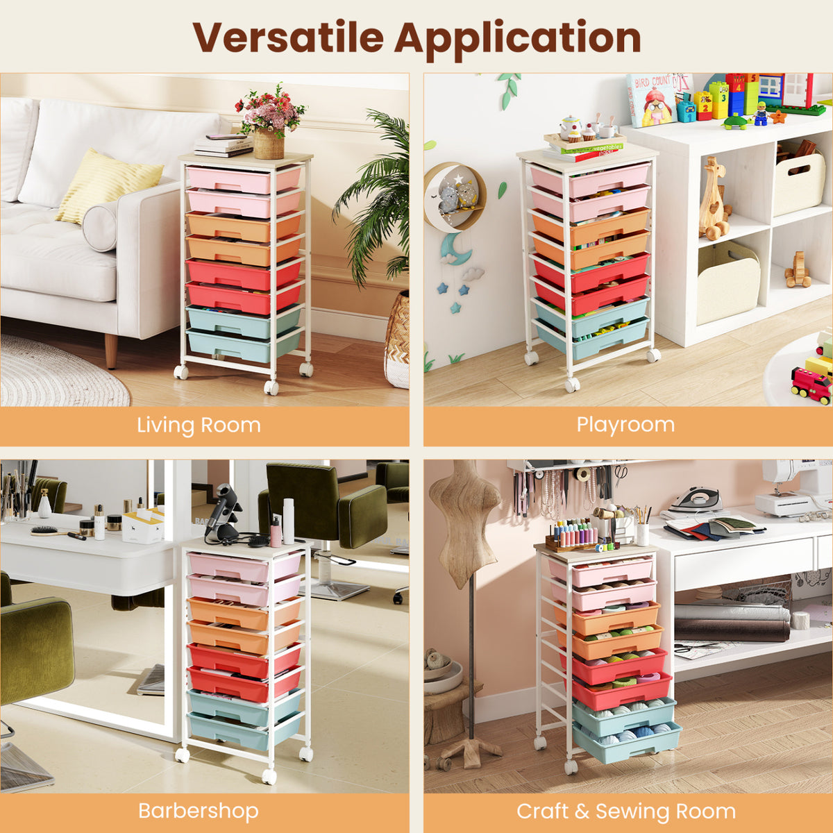 Rolling Cart with 8 Drawers and Wooden Tabletop with Lockable Wheels for Home Office-Macaron + Natural view 9