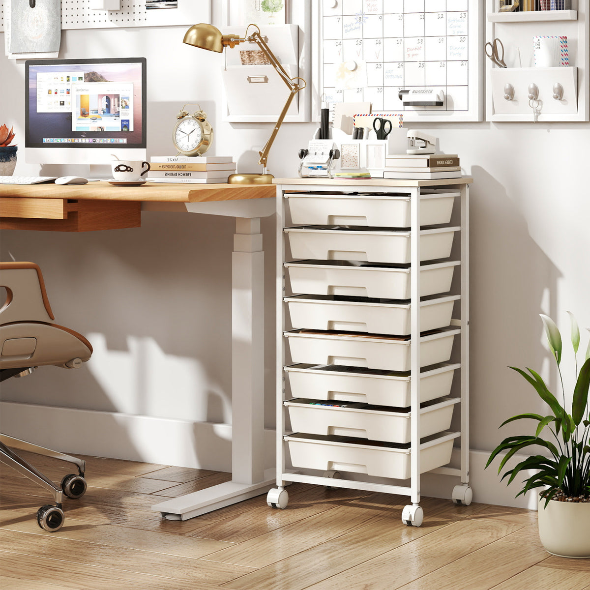 Rolling Cart with 8 Drawers and Wooden Tabletop with Lockable Wheels for Home Office-White + Natural view 2