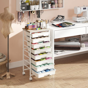 Rolling Cart with 8 Drawers and Wooden Tabletop with Lockable Wheels for Home Office-White + Natural view 3