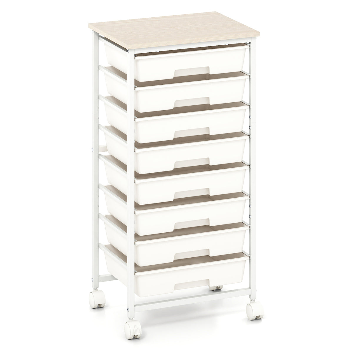 Rolling Cart with 8 Drawers and Wooden Tabletop with Lockable Wheels for Home Office-White + Natural view 4