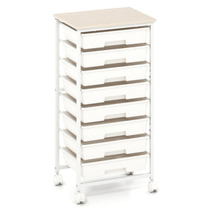 Rolling Cart with 8 Drawers and Wooden Tabletop with Lockable Wheels for Home Office-White + Natural view 4