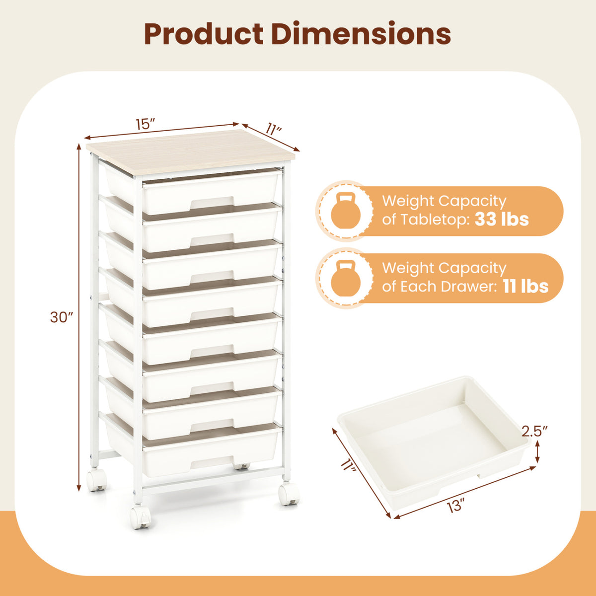 Rolling Cart with 8 Drawers and Wooden Tabletop with Lockable Wheels for Home Office-White + Natural view 5