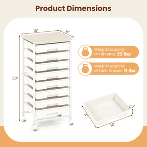 Rolling Cart with 8 Drawers and Wooden Tabletop with Lockable Wheels for Home Office-White + Natural view 5