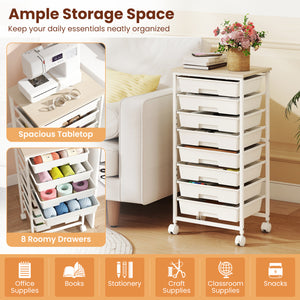 Rolling Cart with 8 Drawers and Wooden Tabletop with Lockable Wheels for Home Office-White + Natural view 6