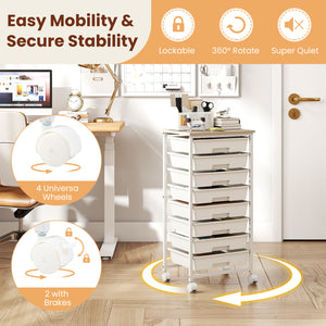 Rolling Cart with 8 Drawers and Wooden Tabletop with Lockable Wheels for Home Office-White + Natural view 7
