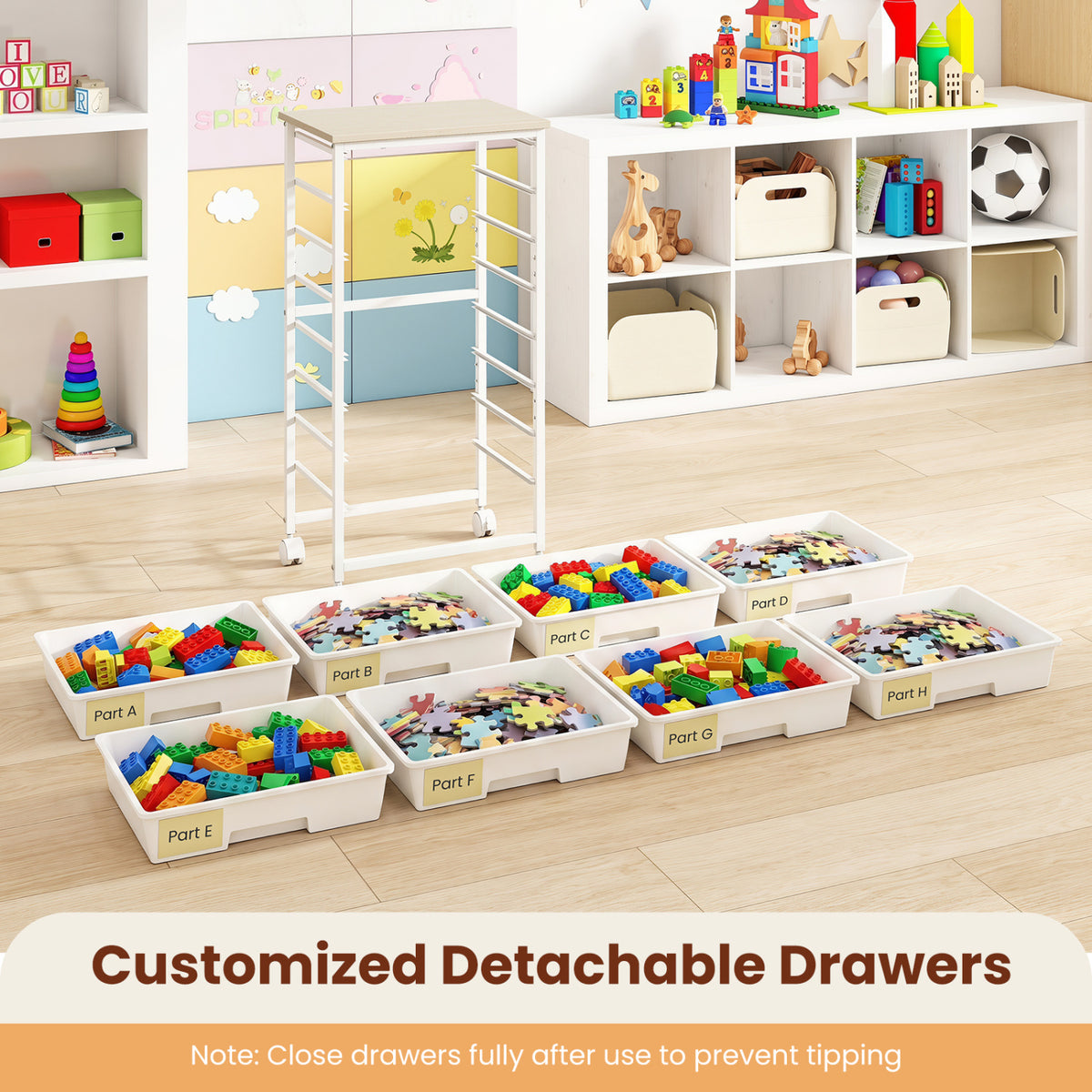 Rolling Cart with 8 Drawers and Wooden Tabletop with Lockable Wheels for Home Office-White + Natural view 8