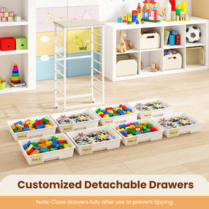 Rolling Cart with 8 Drawers and Wooden Tabletop with Lockable Wheels for Home Office-White + Natural view 8