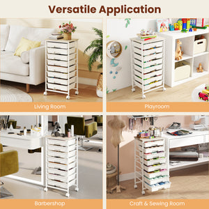 Rolling Cart with 8 Drawers and Wooden Tabletop with Lockable Wheels for Home Office-White + Natural view 9