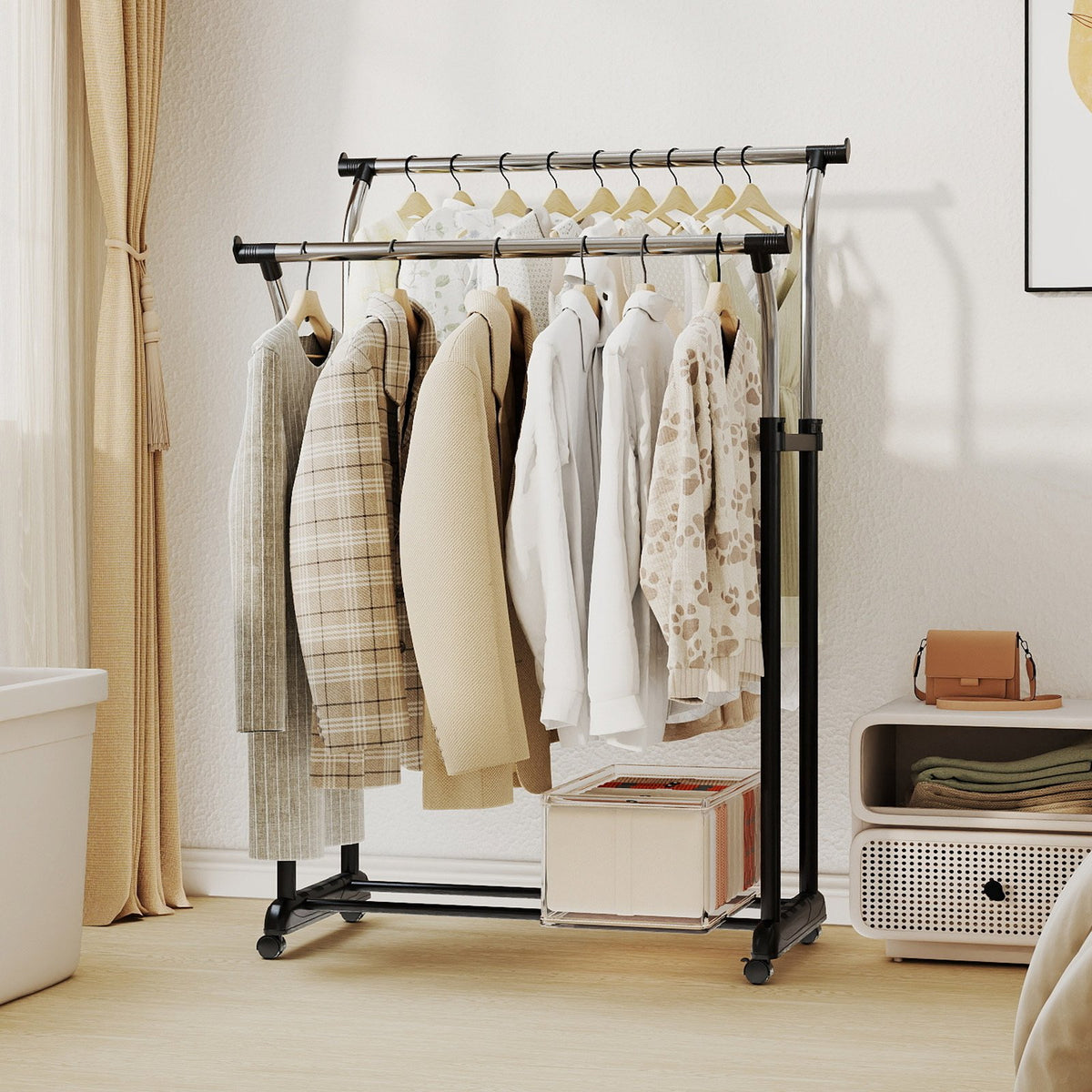 Rolling Clothes Rack Double Rod Garment Rack with Adjustable Height view 2