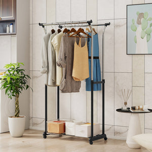 Rolling Clothes Rack Double Rod Garment Rack with Adjustable Height view 3