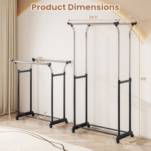 Rolling Clothes Rack Double Rod Garment Rack with Adjustable Height view 5