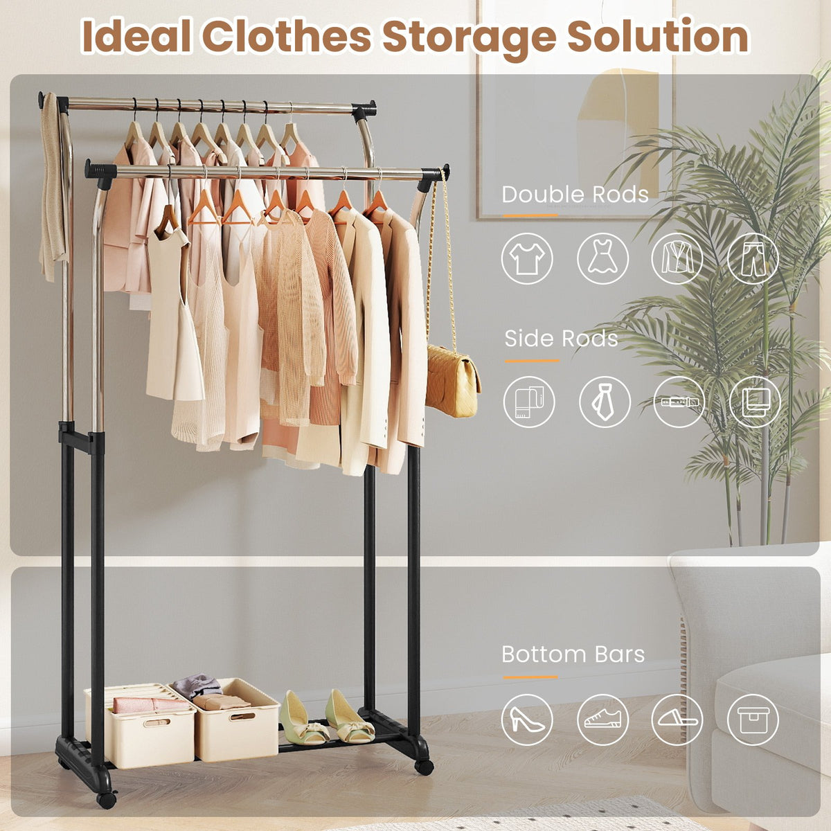 Rolling Clothes Rack Double Rod Garment Rack with Adjustable Height view 7