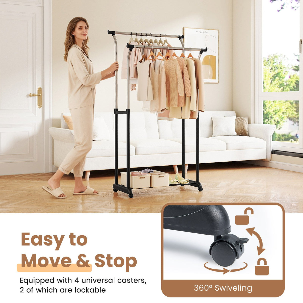 Rolling Clothes Rack Double Rod Garment Rack with Adjustable Height view 9