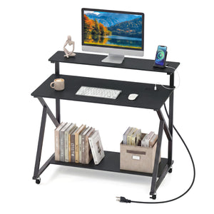 Rolling Computer Desk with Charging Station and Monitor Shelf Storage for Home Office-Black