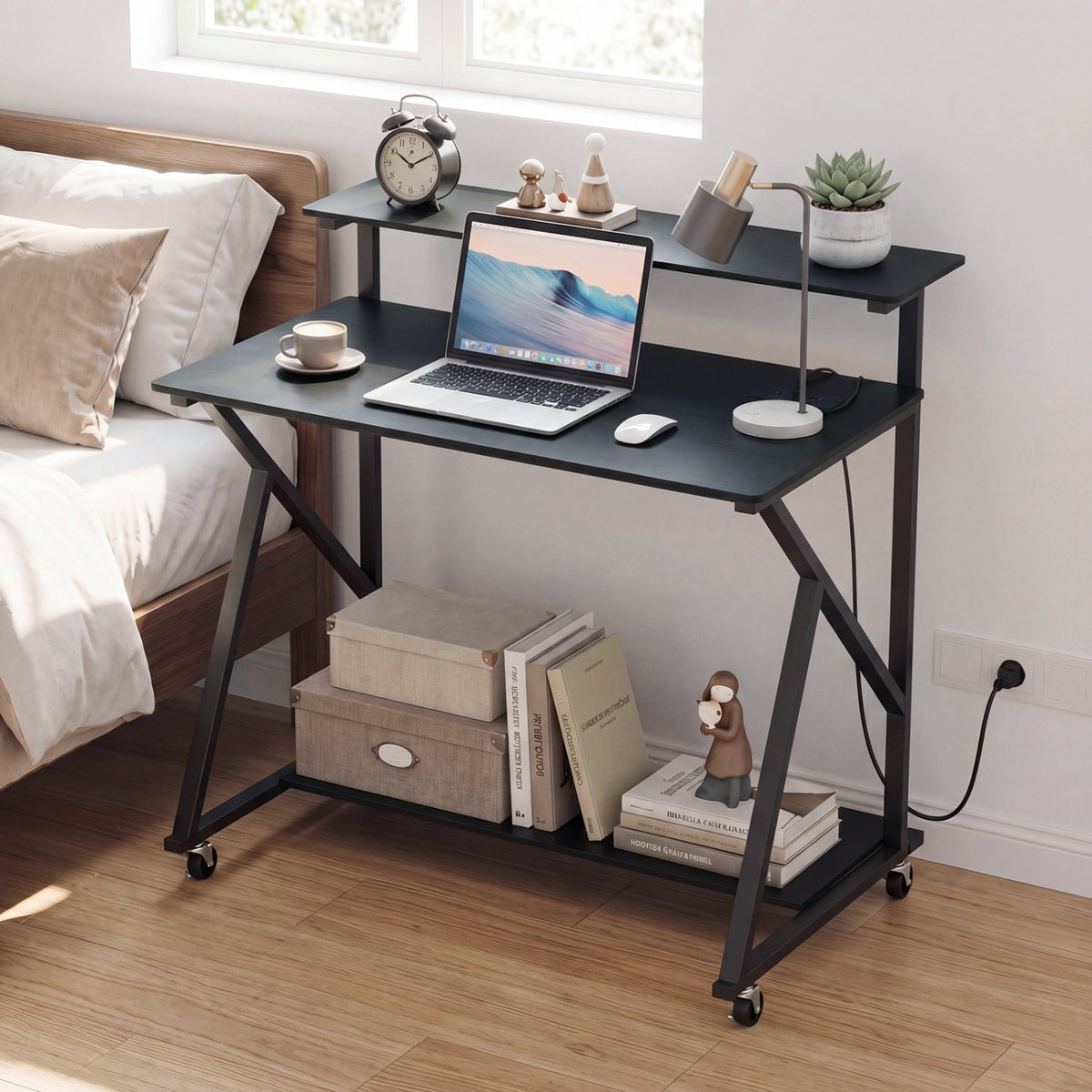 Rolling Computer Desk with Charging Station and Monitor Shelf Storage for Home Office-Black view 3