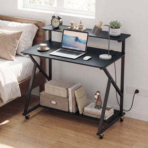 Rolling Computer Desk with Charging Station and Monitor Shelf Storage for Home Office-Black view 3