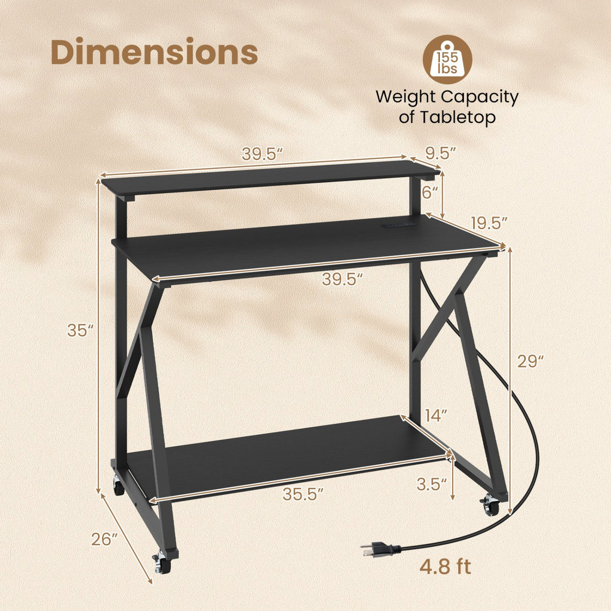 Rolling Computer Desk with Charging Station and Monitor Shelf Storage for Home Office-Black view 5