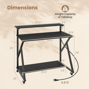 Rolling Computer Desk with Charging Station and Monitor Shelf Storage for Home Office-Black view 5