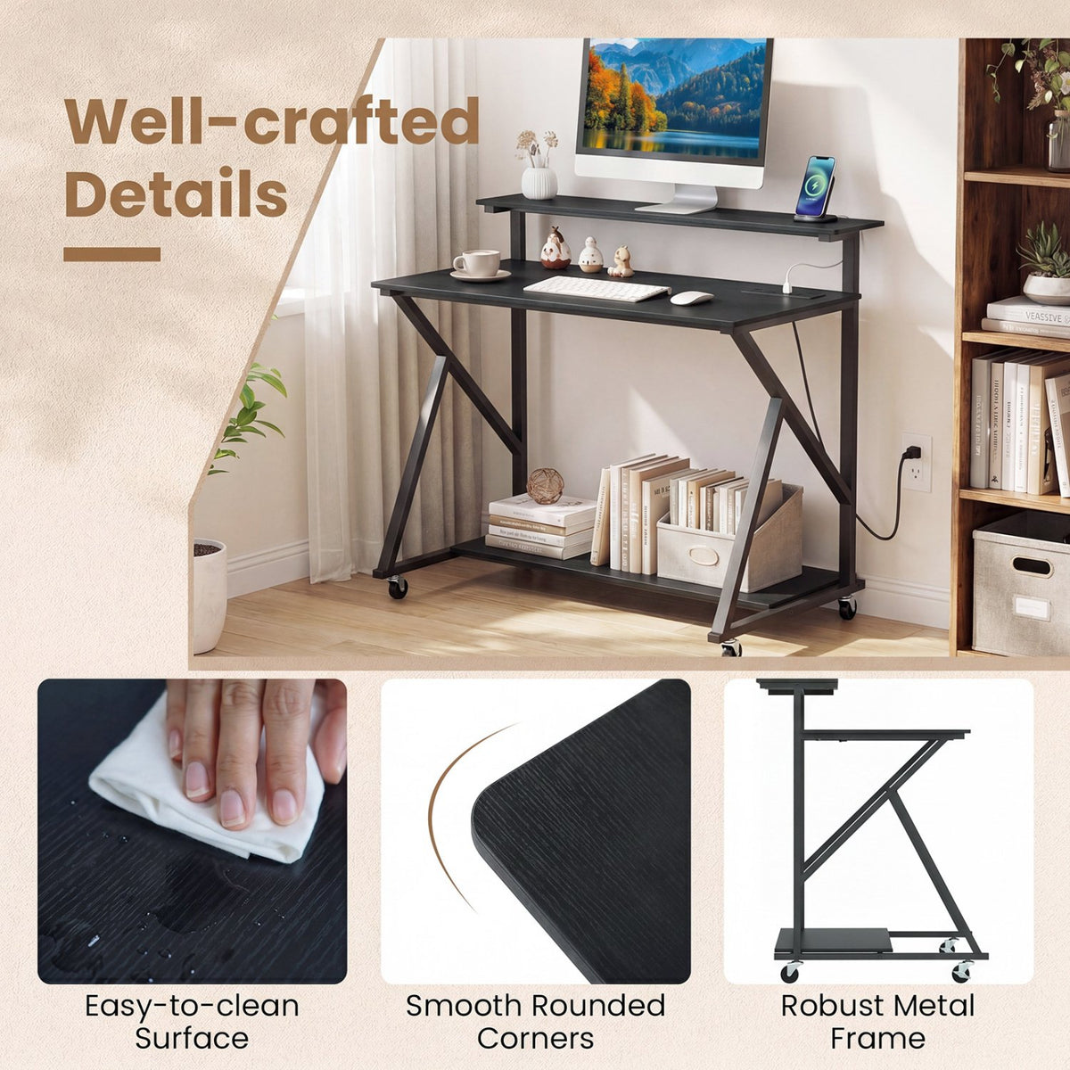 Rolling Computer Desk with Charging Station and Monitor Shelf Storage for Home Office-Black view 6
